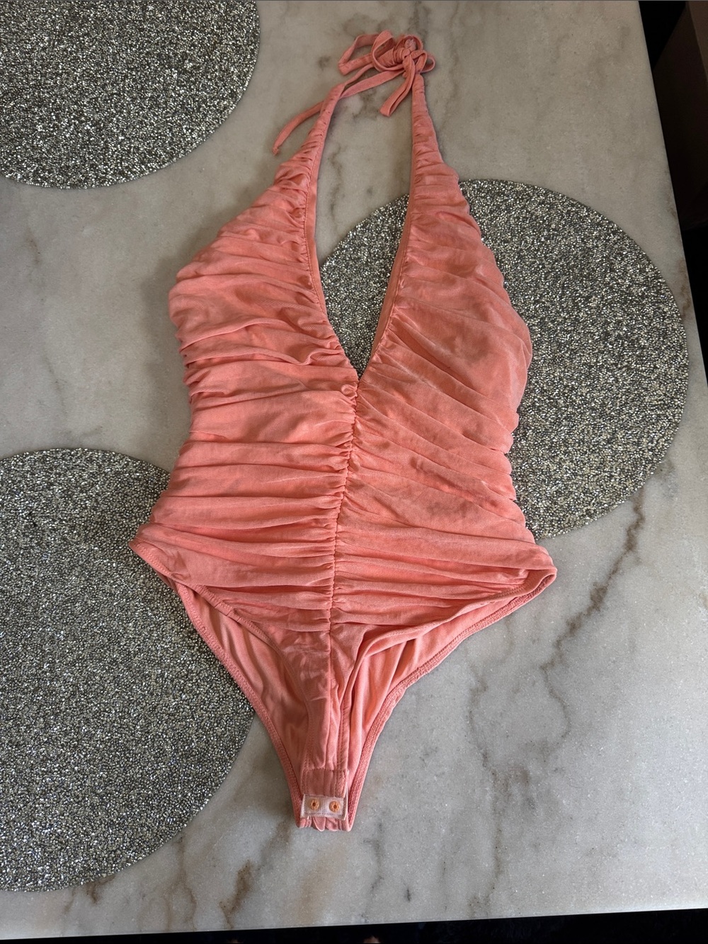 Coral Pink Ruched One-Piece Halter bodysuit fashion nova lg